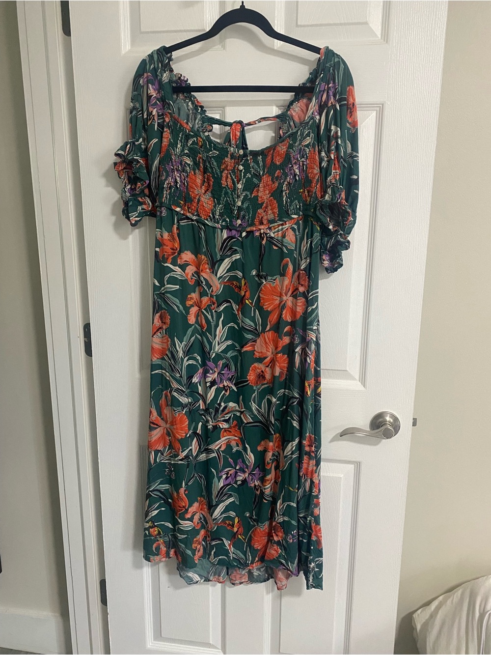 Anthropologie Green Midi Dress with Orange & Purple Floral Print